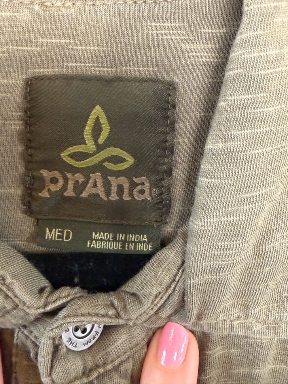 PrAna Olive Green Organic Cotton Short Sleeve Knit Button Down Men's Size M - Picture 5 of 13